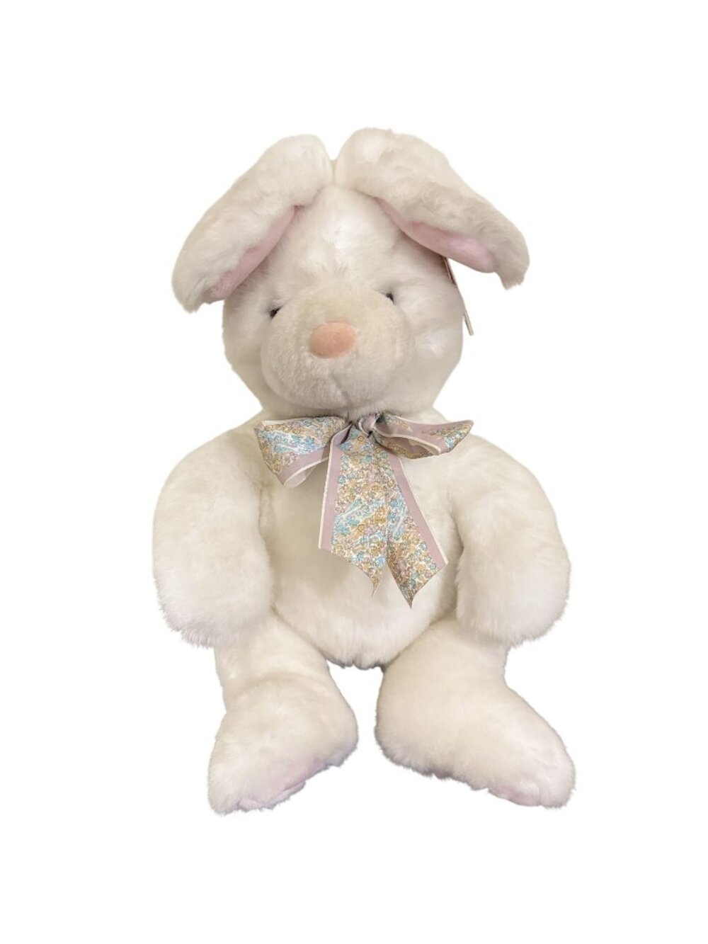 Vintage GUND White Plush Bunny Rabbit Floral Bow Stuffed Animal 14” Easter